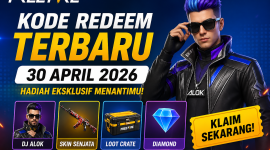 Poster kode redeem Free Fire 30 April 2026 dengan hadiah eksklusif.
