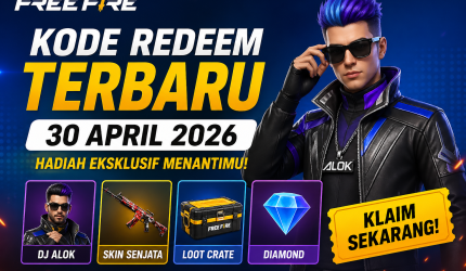 Poster kode redeem Free Fire 30 April 2026 dengan DJ Alok, hadiah skin senjata, loot crate, dan diamond eksklusif, serta tombol klaim sekarang.