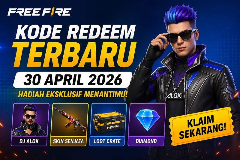 Poster kode redeem Free Fire 30 April 2026 dengan hadiah eksklusif.