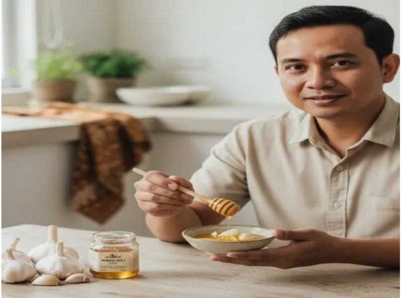 Bawang putih mentah dicampur madu murni sebagai ramuan alami peningkat daya tahan tubuh.