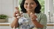 Bawang putih segar dengan siung terbuka kaya allicin