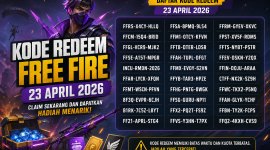 Poster kode redeem Free Fire 23 April 2026 berisi daftar kode terbaru dengan hadiah menarik serta informasi masa berlaku terbatas.