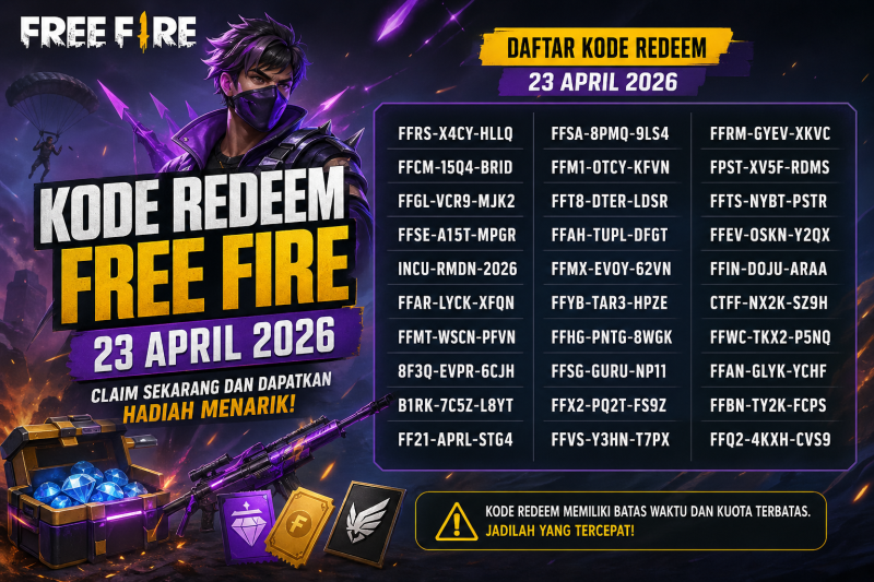 Poster kode redeem Free Fire 23 April 2026 berisi daftar kode terbaru dengan hadiah menarik serta informasi masa berlaku terbatas.