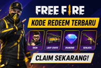 Poster Free Fire kode redeem terbaru dengan hadiah skin, senjata, dan loot crate.(foto AI)