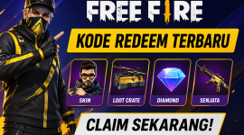 Poster Free Fire kode redeem terbaru dengan hadiah skin, senjata, dan loot crate.(foto AI)