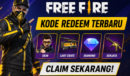 Poster Free Fire bertema kode redeem terbaru dengan karakter game, hadiah skin, senjata, dan loot crate serta teks ajakan klaim sekarang.