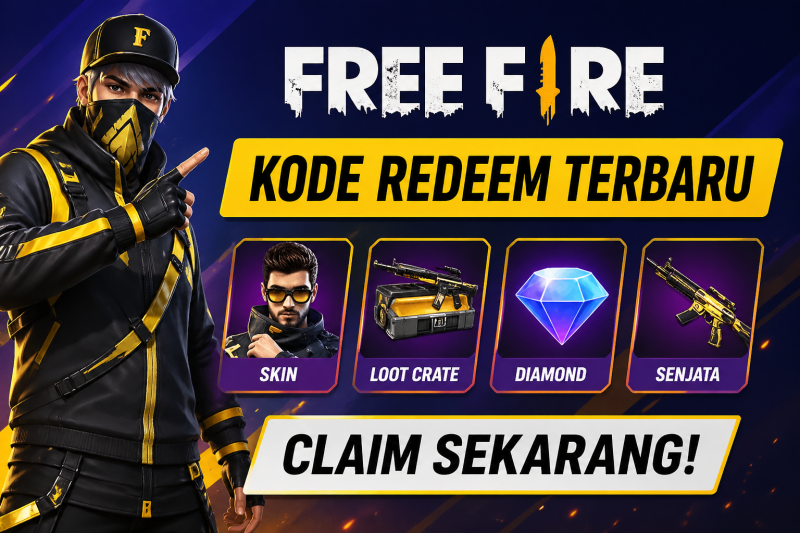 Poster Free Fire kode redeem terbaru dengan hadiah skin, senjata, dan loot crate.(foto AI)