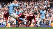 Erling Haaland merayakan gol Manchester City ke gawang Liverpool di Etihad Stadium dalam laga perempatfinal Piala FA, Sabtu (4/4/2026) (Foto: Michael Regan/Getty Images)