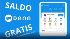 Ilustrasi tangan memegang smartphone dengan notifikasi saldo DANA masuk dari amplop digital berwarna merah.