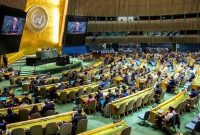 Sekjen PBB António Guterres berpidato dalam konferensi implementasi NPT di markas PBB New York, AS (Reuters).