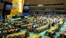 Sekjen PBB António Guterres berpidato dalam konferensi implementasi NPT di markas PBB New York, AS (Reuters).