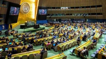 Sekjen PBB António Guterres berpidato dalam konferensi implementasi NPT di markas PBB New York, AS (Reuters).