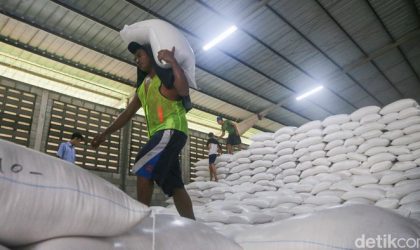 Menteri Pertanian Andi Amran Sulaiman meninjau stok beras di gudang Bulog Karawang