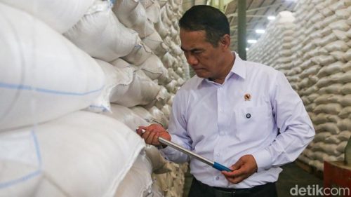 Andi Amran Sulaiman saat mengecek cadangan beras nasional di gudang Perum Bulog Karawang, Jawa Barat