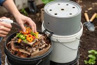 Seseorang mengolah sampah sayur menjadi pupuk kompos menggunakan ember komposter di rumah.