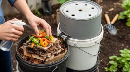 Seseorang mengolah sampah sayur menjadi pupuk kompos menggunakan ember komposter di rumah.