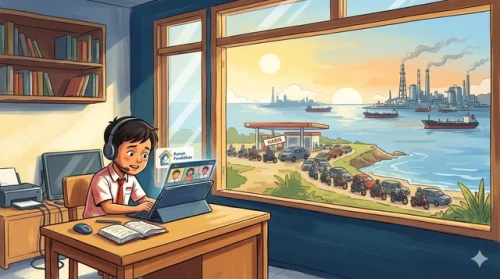 Seorang siswa mengikuti pembelajaran daring dari rumah dengan perangkat digital sebagai bagian dari sistem Belajar dari Rumah (BDR)