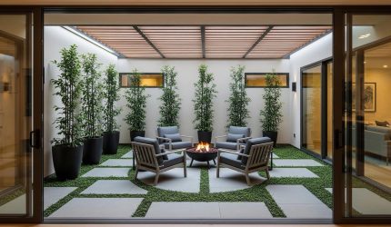Inner courtyard konsep kecil di rumah modern dengan cahaya alami, tanaman hijau, dan desain minimalis yang membuat rumah terasa lebih luas dan nyaman.