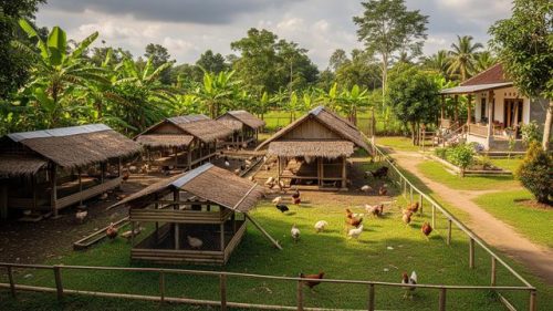 Ilustrasi Peternak merawat ayam Kampung Unggul Balitbangtan (KUB) di pekarangan rumah sebagai usaha produktif bagi pensiunan(Gemini AI)