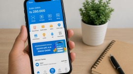 Ilustrasi Smartphone menampilkan aplikasi saldo digital di atas meja kerja.