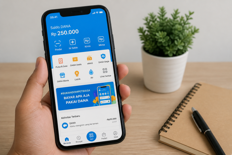Ilustrasi Smartphone menampilkan aplikasi saldo digital di atas meja kerja.