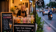 Ilustrasi penjual minuman kekinian di teras rumah sempit pinggir jalan ( Foto AI)