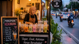 Ilustrasi penjual minuman kekinian di teras rumah sempit pinggir jalan ( Foto AI)