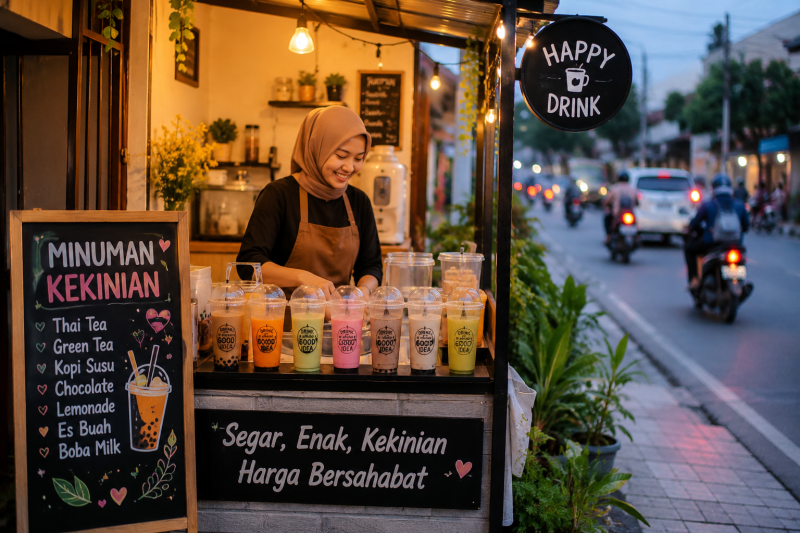 Ilustrasi penjual minuman kekinian di teras rumah sempit pinggir jalan ( Foto AI)