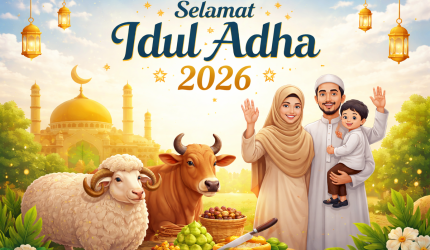 Ilustrasi poster ucapan Selamat Hari Raya Idul Adha 2026 dengan nuansa Islami dan tulisan Arab.