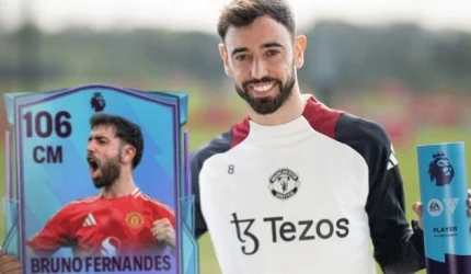 Bruno Fernandes dalam game FC Mobile EA Sports dengan informasi kode redeem terbaru berisi hadiah gems, pack pemain, dan item OVR tinggi.
