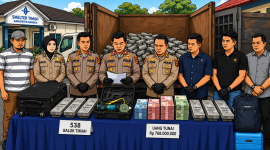 Ilustrasi  polisi menunjukkan barang bukti timah dan uang hasil kejahatan di Bangka