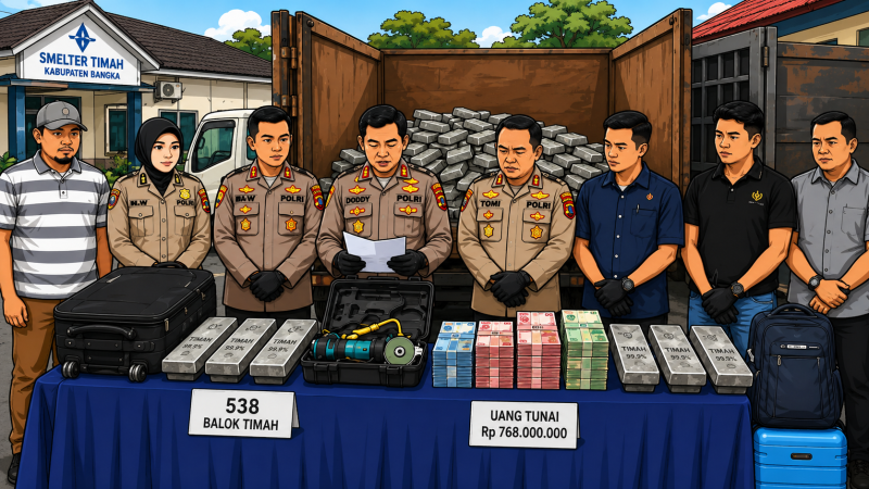 Ilustrasi  polisi menunjukkan barang bukti timah dan uang hasil kejahatan di Bangka