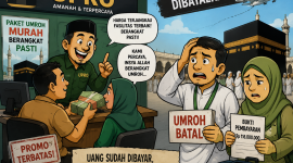 Ilustrasi karikatur menggambarkan jemaah umrah yang kecewa setelah gagal berangkat akibat dugaan penipuan travel umroh Upro, meski telah membayar biaya perjalanan.