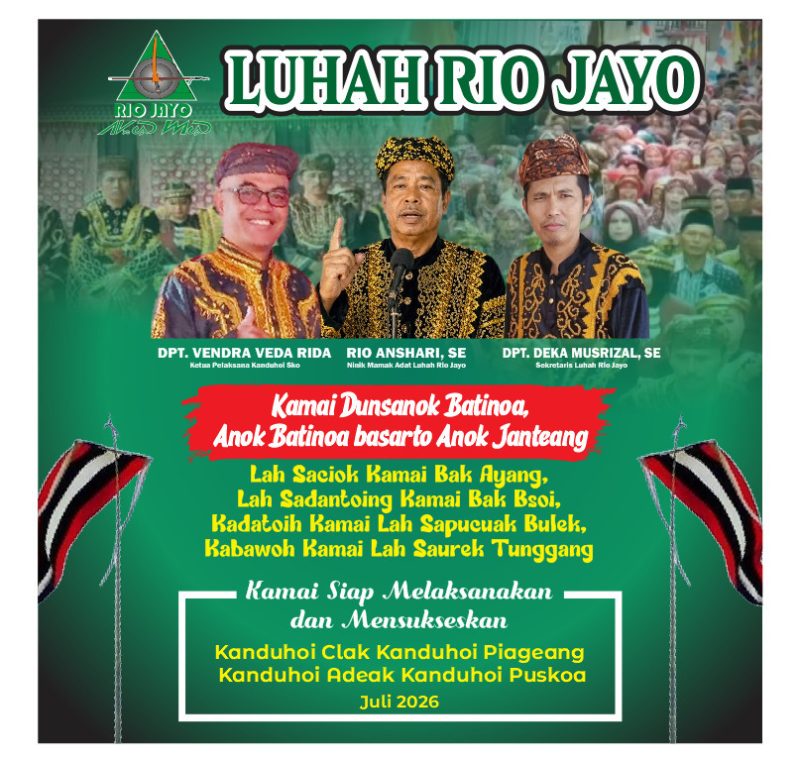 Poster resmi Luhah Rio Jayo yang menampilkan tokoh adat serta ajakan menyukseskan Kenduri Sko pada Juli 2026
