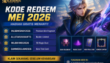 Banner promosi kode redeem Mobile Legends Mei 2026 dengan hadiah gratis in-game.