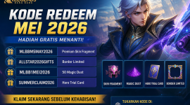 Banner promosi kode redeem Mobile Legends Mei 2026 dengan hadiah gratis in-game.