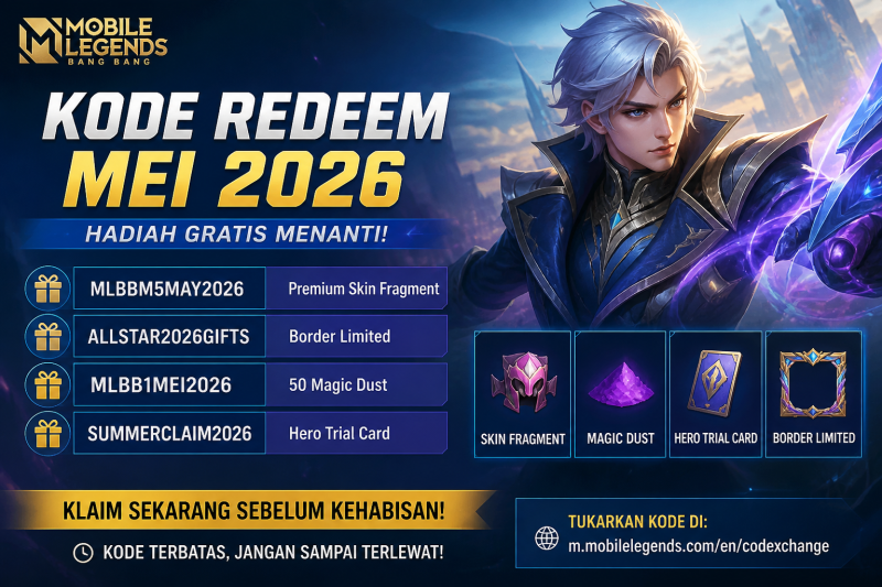 Banner promosi kode redeem Mobile Legends Mei 2026 dengan hadiah gratis in-game.