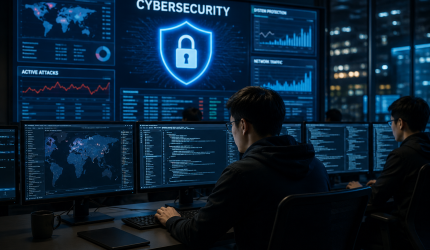 Analis cybersecurity memantau ancaman digital di ruang kontrol modern dengan banyak layar data real-time.
