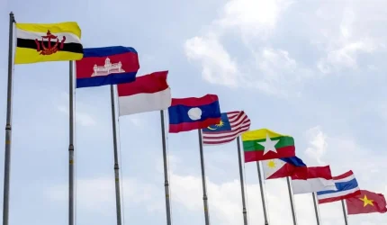 Ilustrasi bendera Myanmar dan ASEAN berdampingan yang menggambarkan ketegangan diplomatik terkait krisis politik di Myanmar.