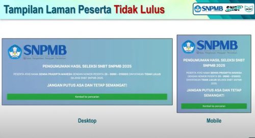 Tampilan pengumuman hasil UTBK SNBT tahun lalu bagi yang tidak lolos SNBT. Foto: Tangkapan Youtube SNPMB ID
