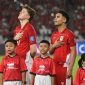 Pemain Timnas Indonesia saat menyanyikan lagu Indonesia Raya. (ANTARA FOTO/Hafidz Mubarak A)