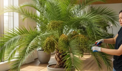 Pohon kurma kerdil tumbuh dalam pot di dalam ruangan dengan cahaya matahari alami.
