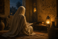 Ilustrasi Rabiah Al Adawiyah, tokoh sufi perempuan yang dikenal karena ketulusan ibadah dan kecintaannya kepada Allah SWT. 9 Foto AI)
