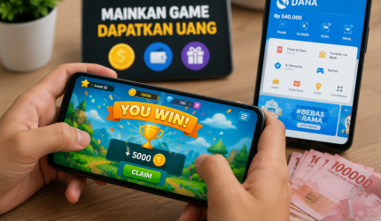 Pengguna memainkan game penghasil uang di smartphone dengan tampilan hadiah virtual.
