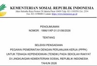 Tampilan pengumuman resmi Kemensos Nomor 1996/1/KP.01.01/06/2026 tentang seleksi PPPK tenaga kependidikan Sekolah Rakyat tahun 2026. (Sumber: foto : kemensos.go.id)