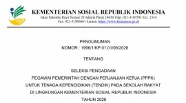 Tampilan pengumuman resmi Kemensos Nomor 1996/1/KP.01.01/06/2026 tentang seleksi PPPK tenaga kependidikan Sekolah Rakyat tahun 2026. (Sumber: foto : kemensos.go.id)