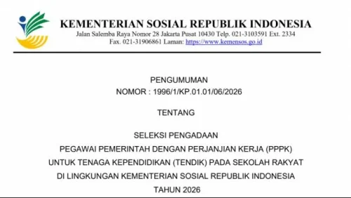 Tampilan pengumuman resmi Kemensos Nomor 1996/1/KP.01.01/06/2026 tentang seleksi PPPK tenaga kependidikan Sekolah Rakyat tahun 2026. (Sumber: foto : kemensos.go.id)