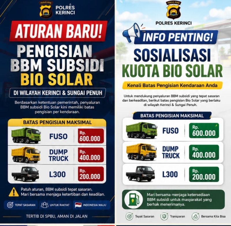 Personel Polres Kerinci menyosialisasikan aturan baru pengisian BBM subsidi Bio Solar di SPBU, Kamis (4/6/2026).