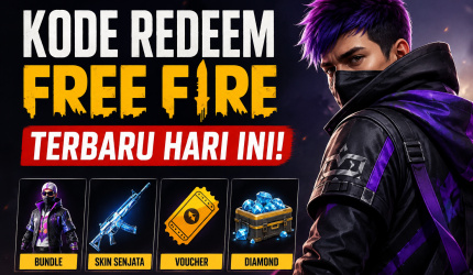 Ilustrasi kode redeem Free Fire terbaru dengan hadiah bundle, skin senjata, voucher, dan diamond gratis.