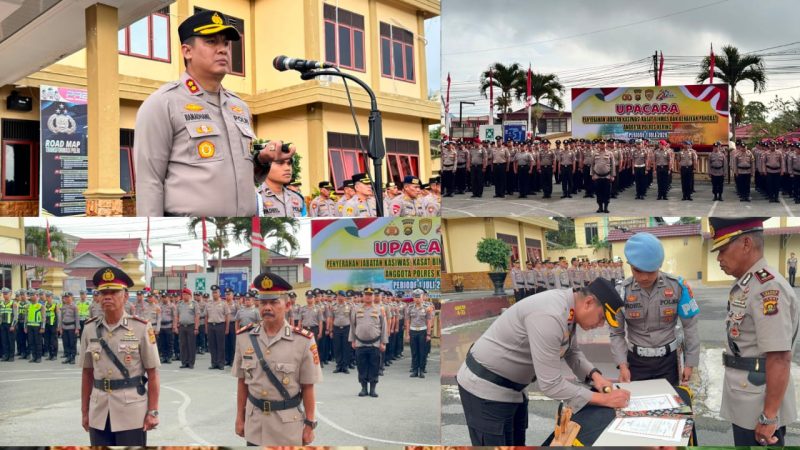 Kapolres Kerinci memimpin upacara sertijab dan Korps Raport kenaikan pangkat personel periode 1 Juli 2026.